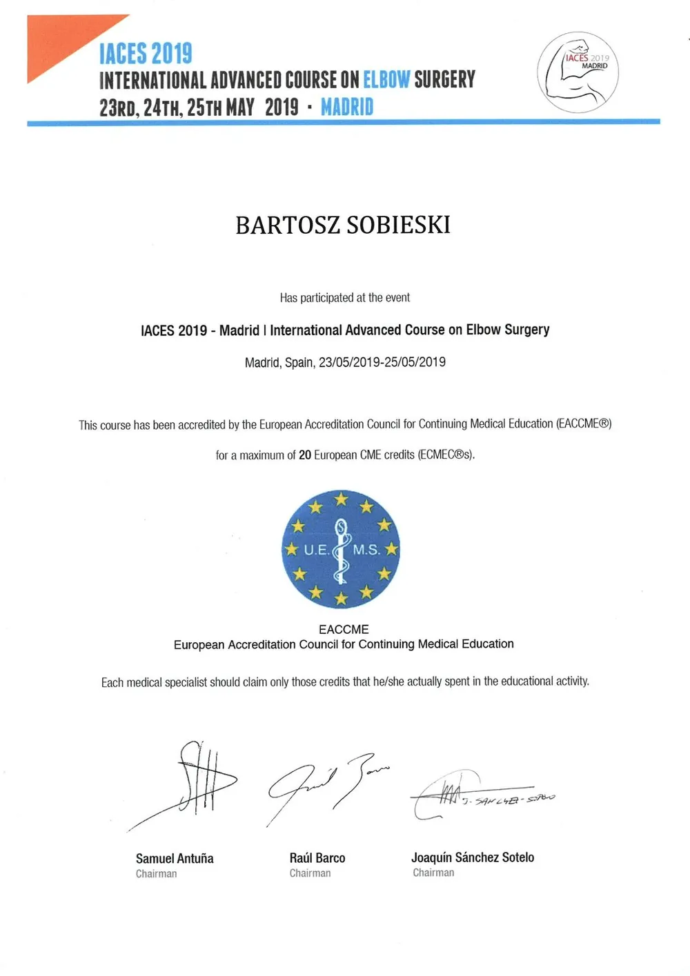 Certyfikat — dr n. med. Bartosz Sobieski