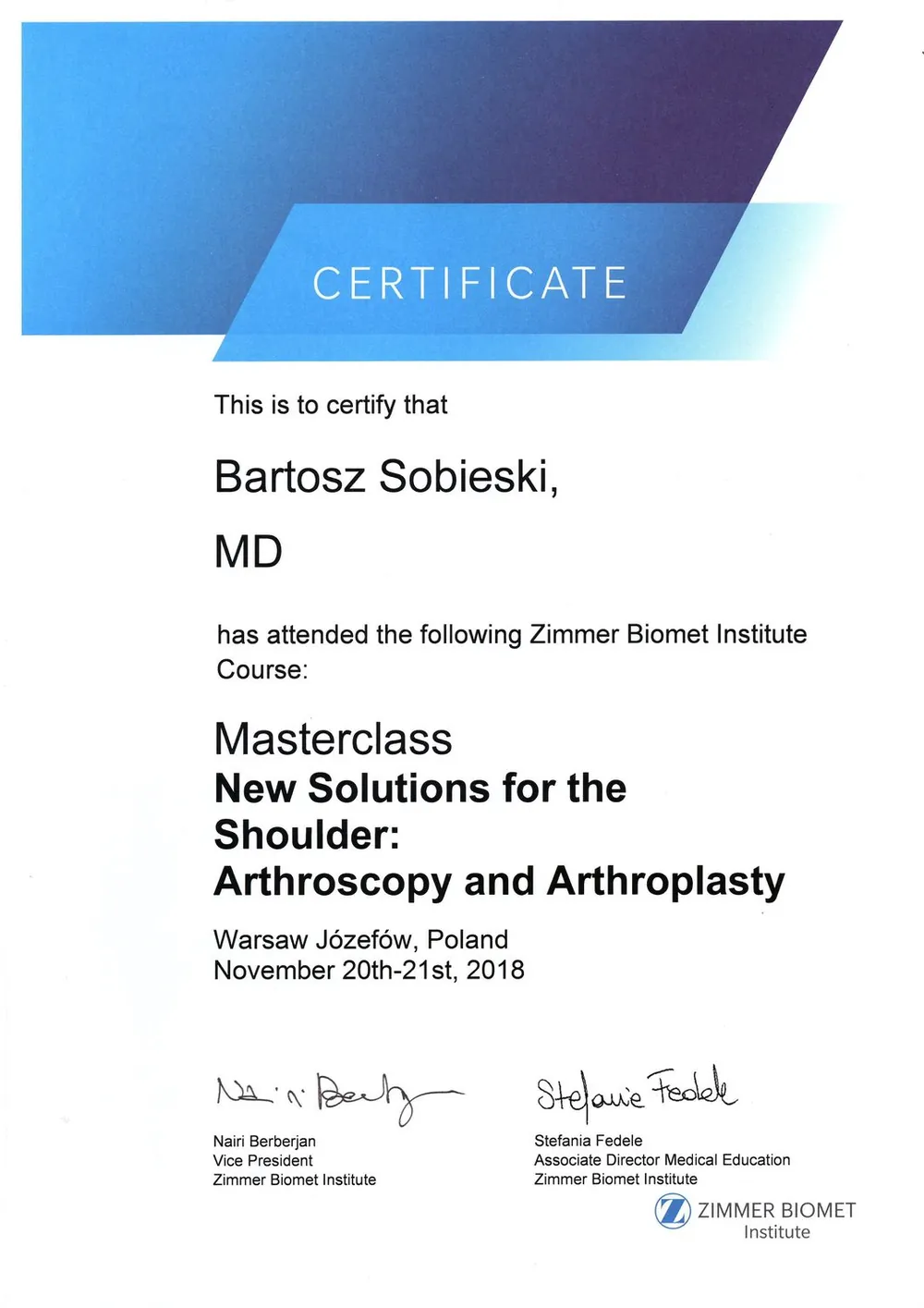 Certyfikat — dr n. med. Bartosz Sobieski